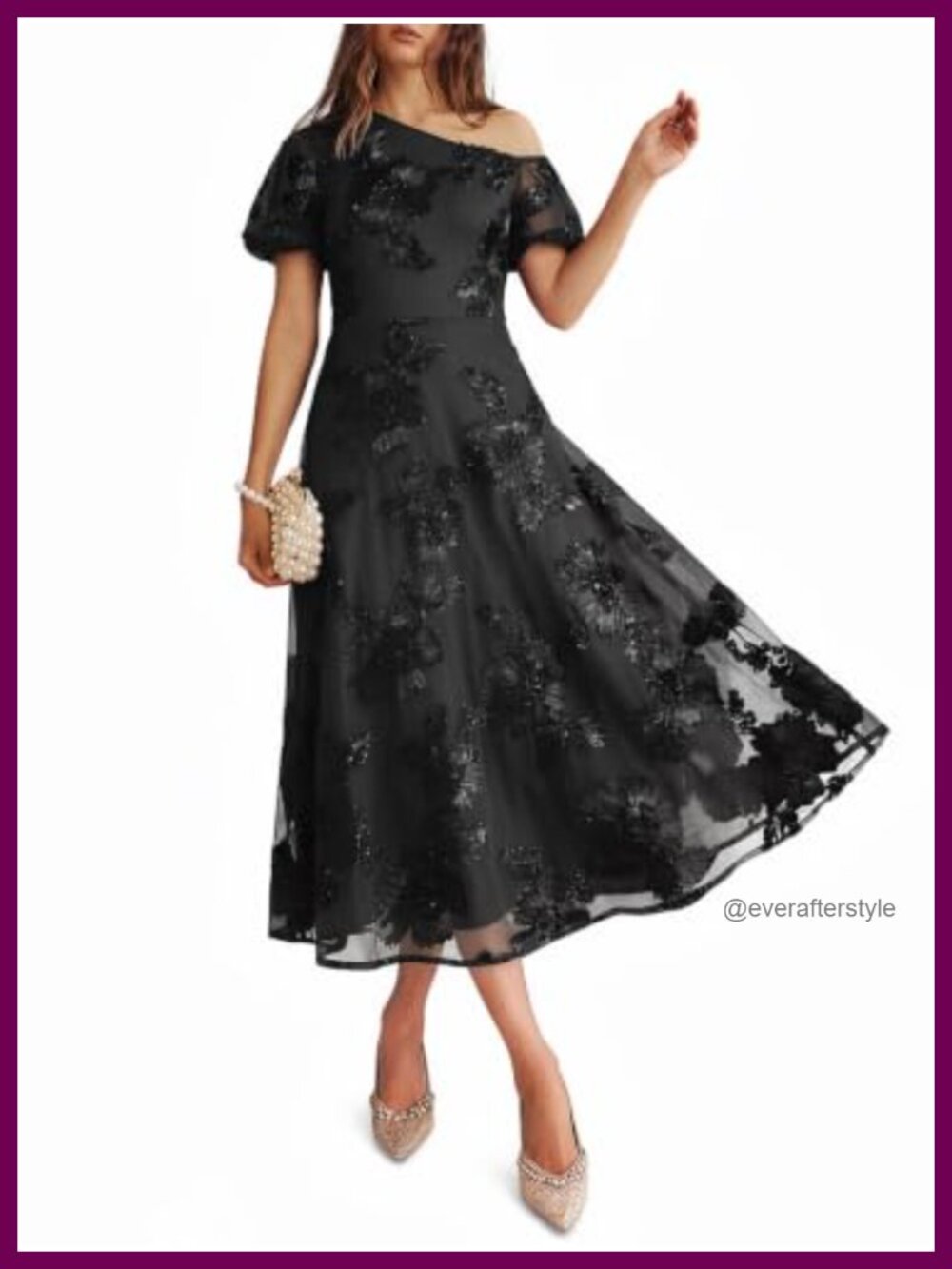 Womens Floral Mesh Midi Dress One Shoulder Puff Sleeve Wedding Guest Cocktail